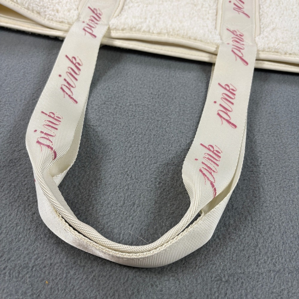 Victoria's Secret PINK Sherpa Tote Bag Cream Fleece Logo Strap Large Travel Zip - Picture 5 of 5